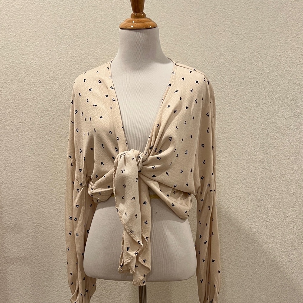 Cream Tie-Front Blouse with Black Accents